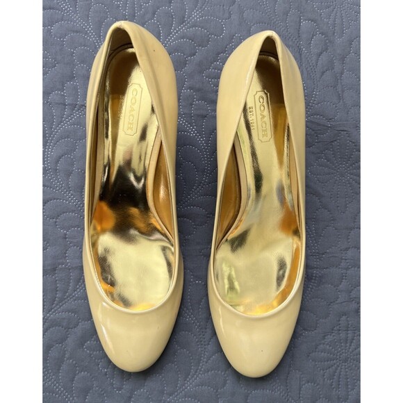 Coach Salma Round Toe Pumps SZ 9.5B Tan Patent Elegant High Heels Shoes Preppy - Picture 2 of 15